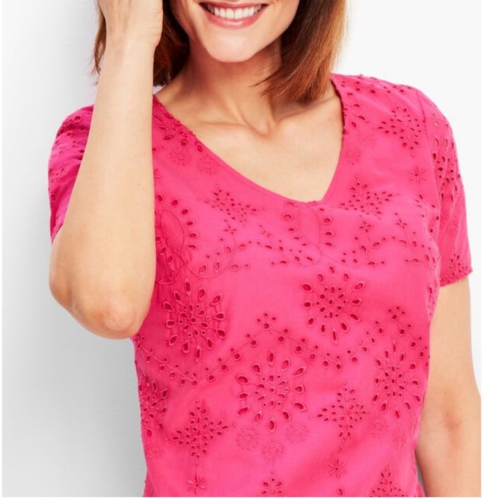 Talbots Embroidered Scallop Hem Eyelet Short Sleeve Shift Dress Pink 10 Petite - Picture 2 of 12